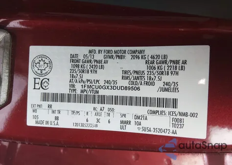 2013 Ford Escape Se z USA, uszkodzony, nr VIN 1FMCU0GX3DUD89506